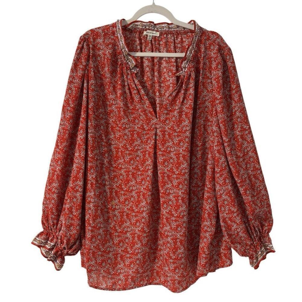 Max Studio 3X red print ruffle & gather detail V-neck blouse long sleeve bohemia